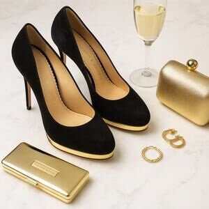 Charlotte Olympia Black Suede & Gold Debbie Pumps Sz 39 | 8.5 Made in Italy